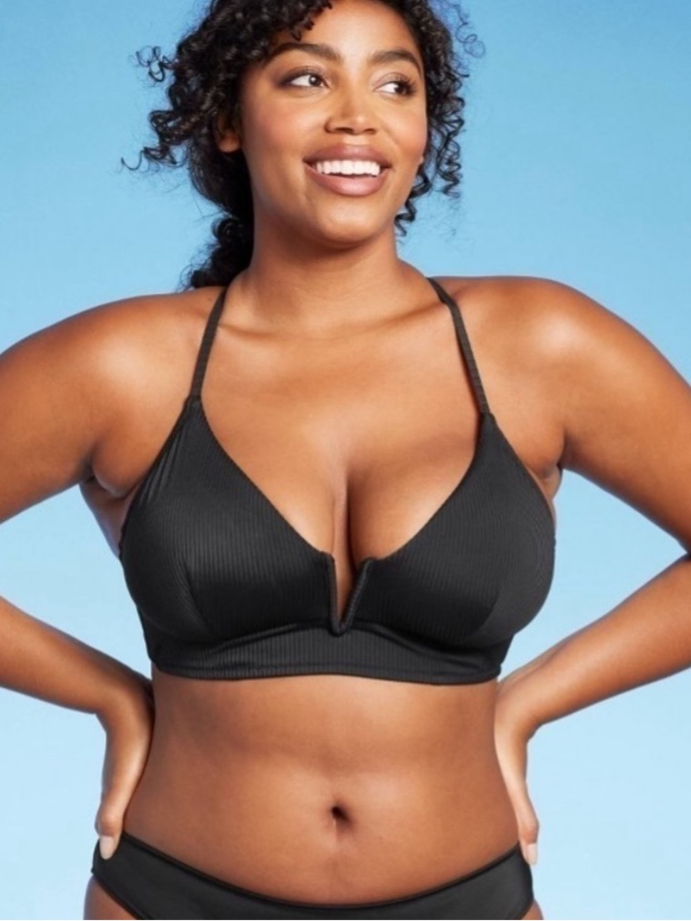 Shade & Shore Black Ribbed Longline V-Wire Triangle Swim Bikini Top 36DD NWOT